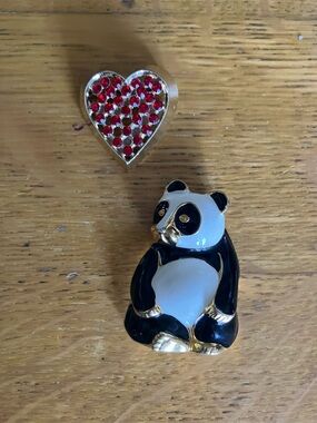Panda and Red Crystal Heart Brooch Pins - Black, White, Red, Gold